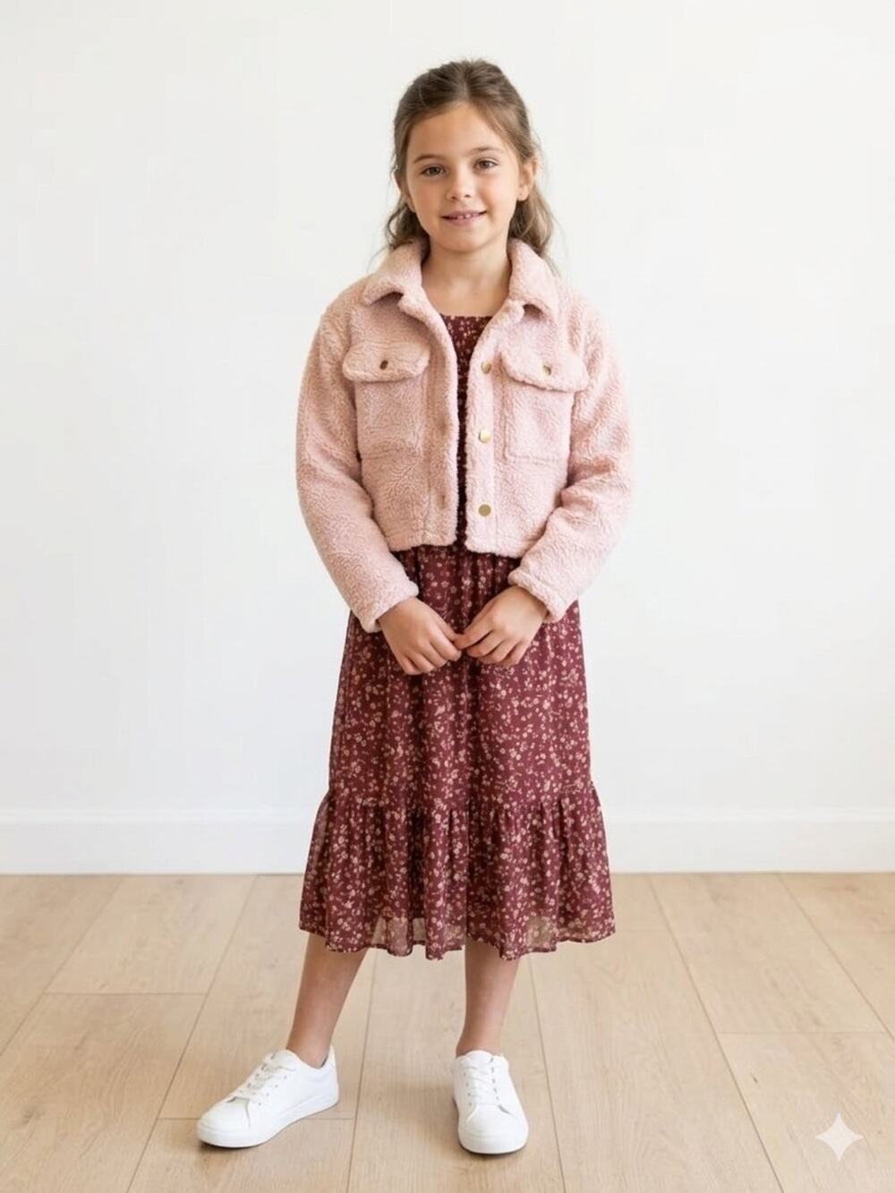 NEW! Knit Works Size S 7/8 Girls Puffed Floral 2-pc. Dress Set w/Sherpa Jacket